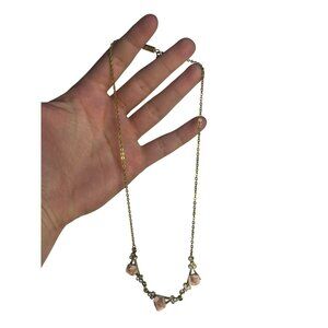 VTG Gold Tone Necklace Pink Rose Beads & Rhinestones Romantic Floral Jewelry 8"